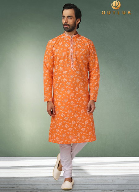 Orange Colour Outluk Vol 44 Function Wear Pure Cotton With Digital Print Kurta Pajama Mens Collection 44003